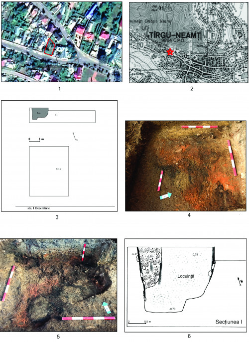 Fig. 1. Târgu Neamț - La Damian: 1, 2, amplasamentul zonei cercetate; 3, planul suprafețelor investigate; 4-6, locuința medievală.